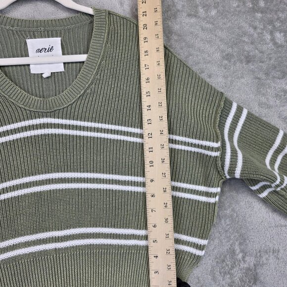 Aerie Sweater Womens XS Green White Stripe V Neck Balloon Sleeve Pullover Knit - Picture 9 of 10